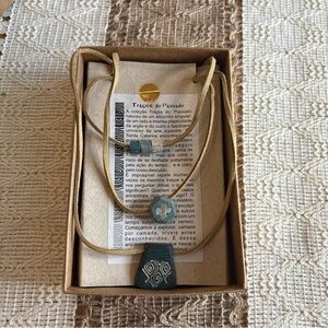 NEW Ceramic Rock Art Clay Leather Adjustable Teal Blue Necklace Brazil with Box